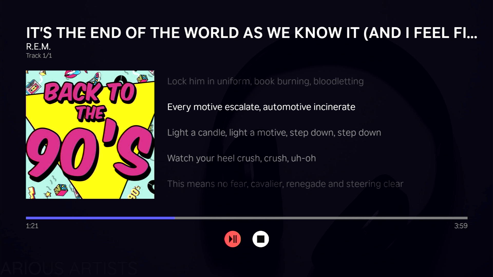 Screenshot of a song playing and displaying lyrics timed with the audio track